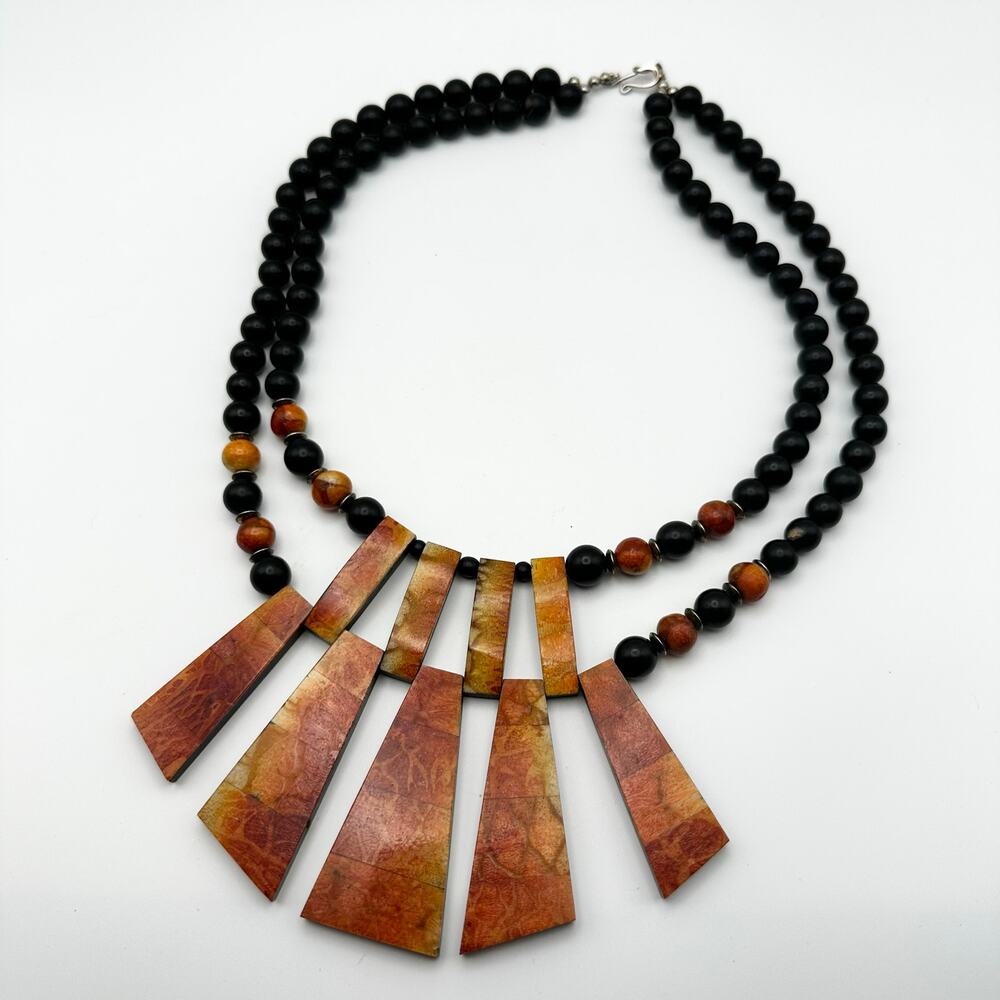 Vintage Geometric Black Double Strand Geometric Statement Necklace Sponge Coral